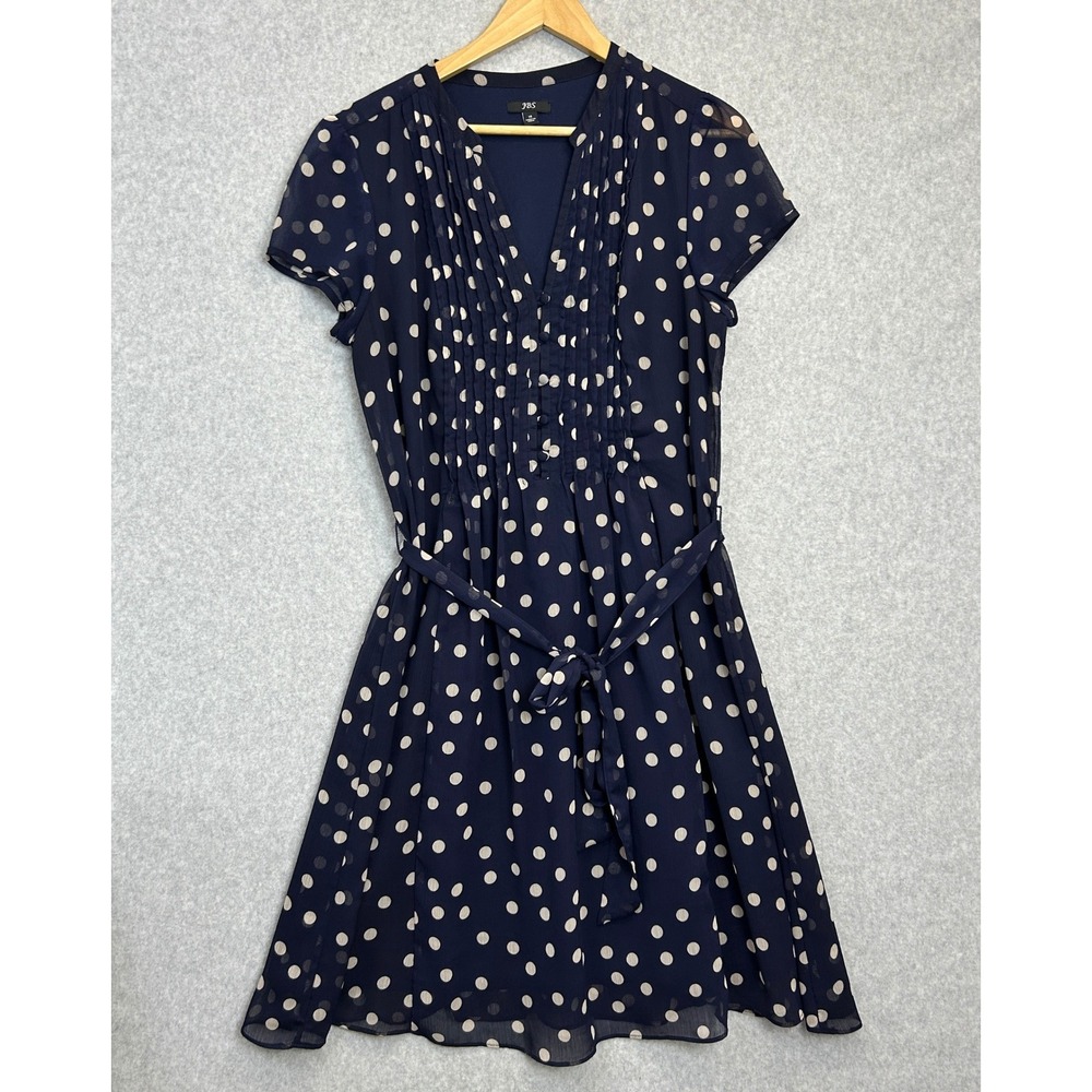 JBS Polka Dot Dress Navy Blue Pleated V-Neck Chiffon Belted Office Prep Size 14